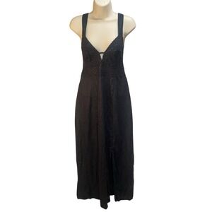 H&M Black Crochet Lace Trim Maxi Dress Tie Back Slit Size Medium Boho Resort